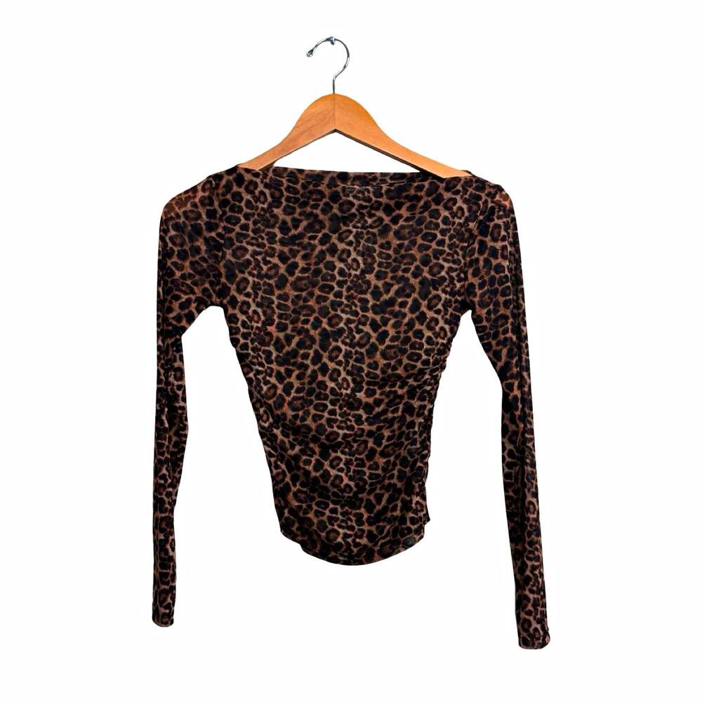 Envie Women’s Leopard Print Mesh Ruched Long Sleeve Scoop Neck Top Size S